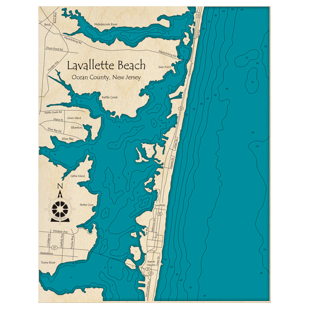 Bathymetric topo map of Lavallette Beach, NJ with roads, towns and depths noted in blue water.