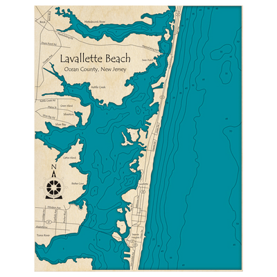 Bathymetric topo map of Lavallette Beach, NJ with roads, towns and depths noted in blue water.