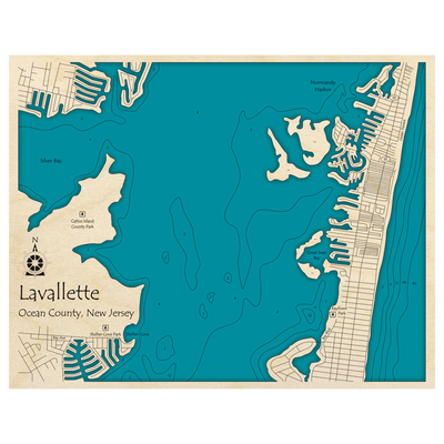 Bathymetric topo map of Lavallette, NJ with roads, towns and depths noted in blue water.