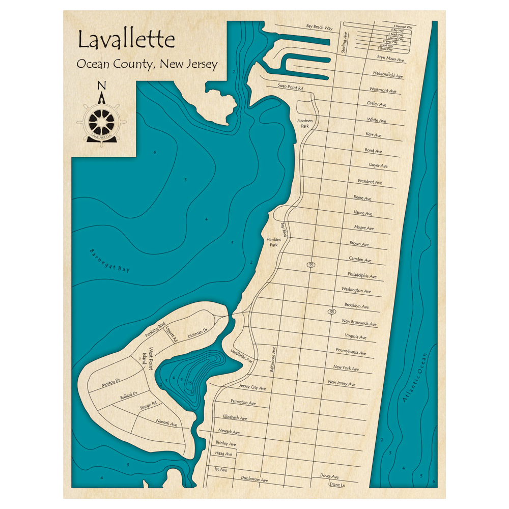 Bathymetric topo map of Lavallette, NJ with roads, towns and depths noted in blue water.