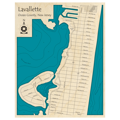 Bathymetric topo map of Lavallette, NJ with roads, towns and depths noted in blue water.