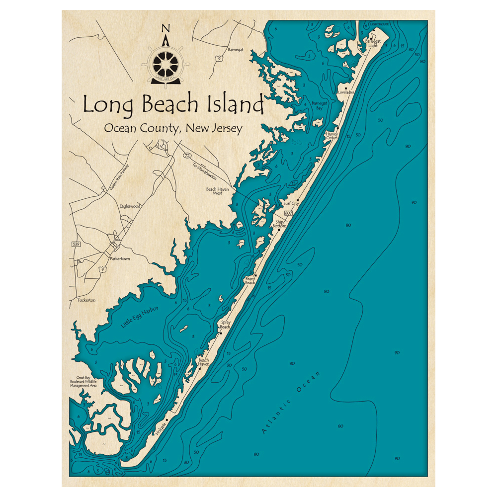 Bathymetric topo map of Long Beach Island, NJ with roads, towns and depths noted in blue water.