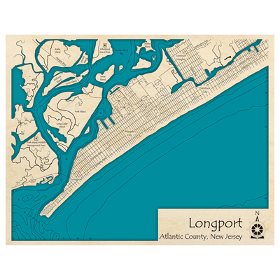 Bathymetric topo map of Longport, NJ with roads, towns and depths noted in blue water.