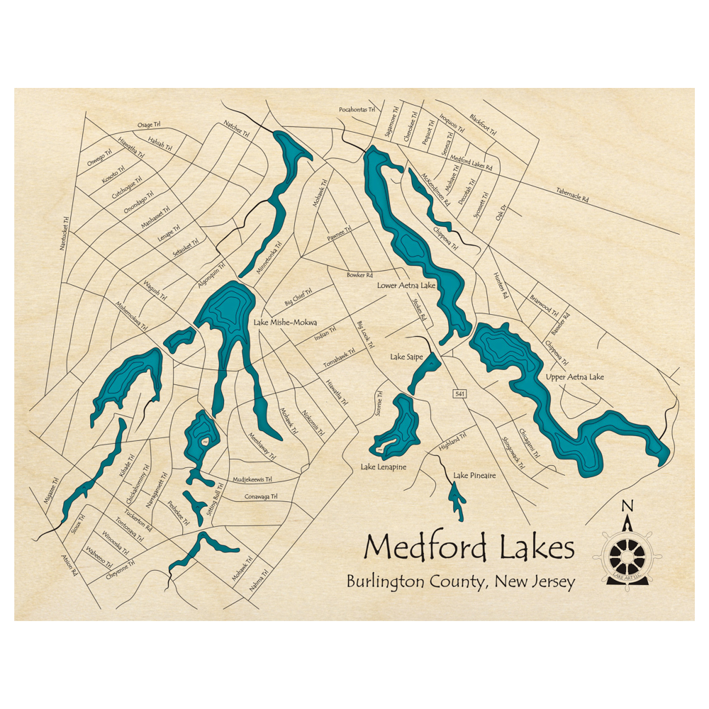 Bathymetric topo map of Medford Lakes, NJ with roads, towns and depths noted in blue water.