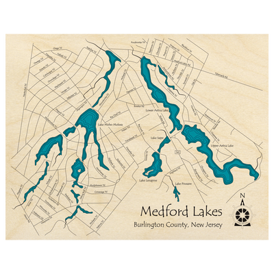 Bathymetric topo map of Medford Lakes, NJ with roads, towns and depths noted in blue water.