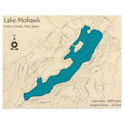 Bathymetric topo map of Lake Mohawk, NJ with roads, towns and depths noted in blue water.