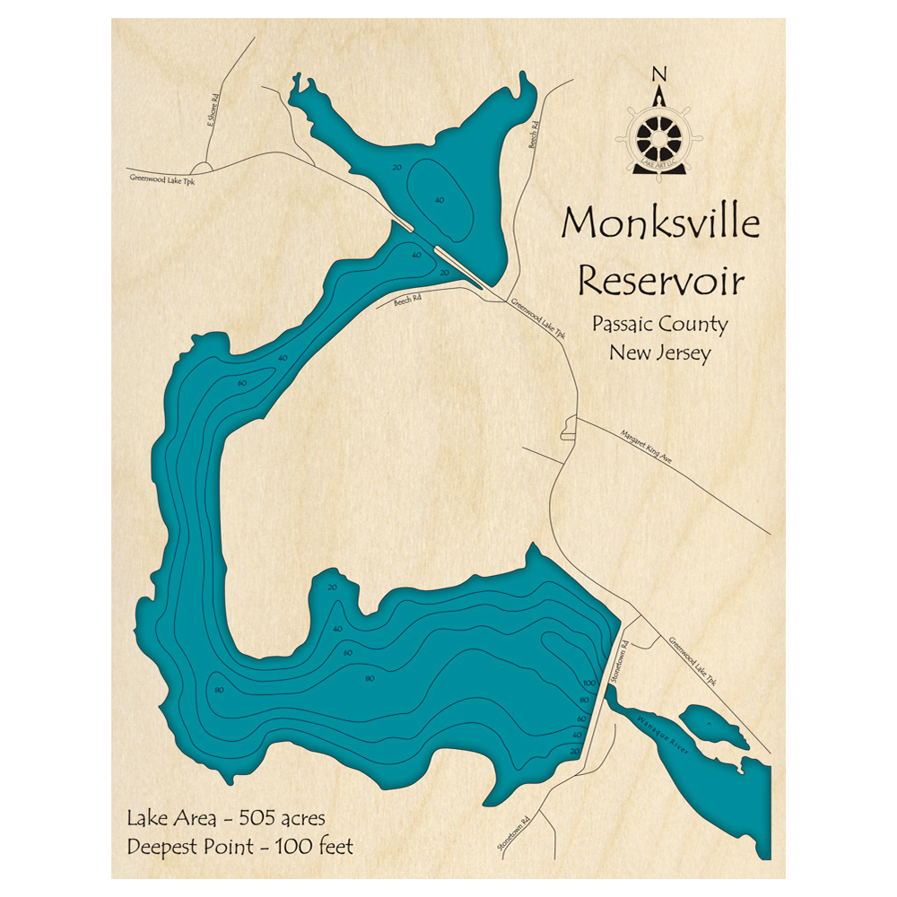 Bathymetric topo map of Monksville Reservoir, NJ with roads, towns and depths noted in blue water.