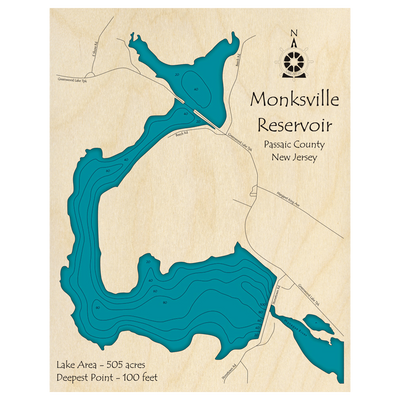 Bathymetric topo map of Monksville Reservoir, NJ with roads, towns and depths noted in blue water.
