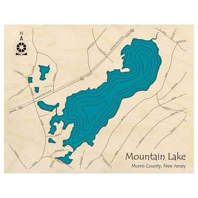 Bathymetric topo map of Mountain Lake, NJ with roads, towns and depths noted in blue water.