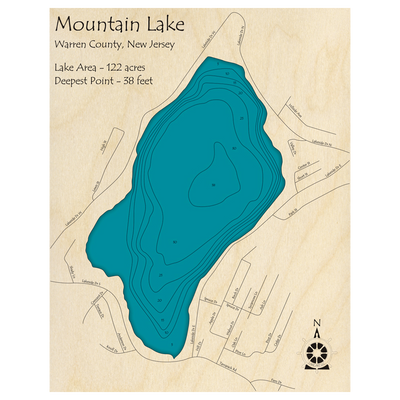 Bathymetric topo map of Mountain Lake, NJ with roads, towns and depths noted in blue water.