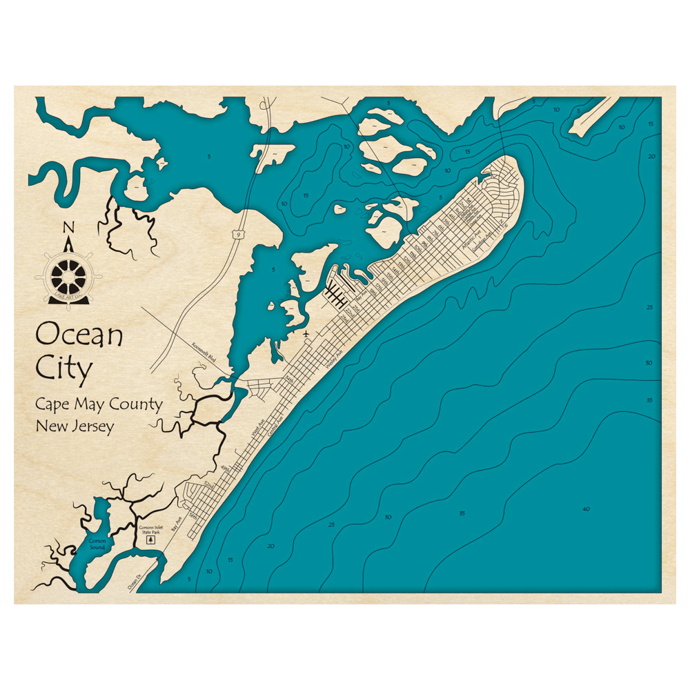 Bathymetric topo map of Ocean City, NJ with roads, towns and depths noted in blue water.