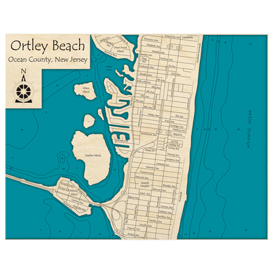 Bathymetric topo map of Ortley Beach, NJ with roads, towns and depths noted in blue water.