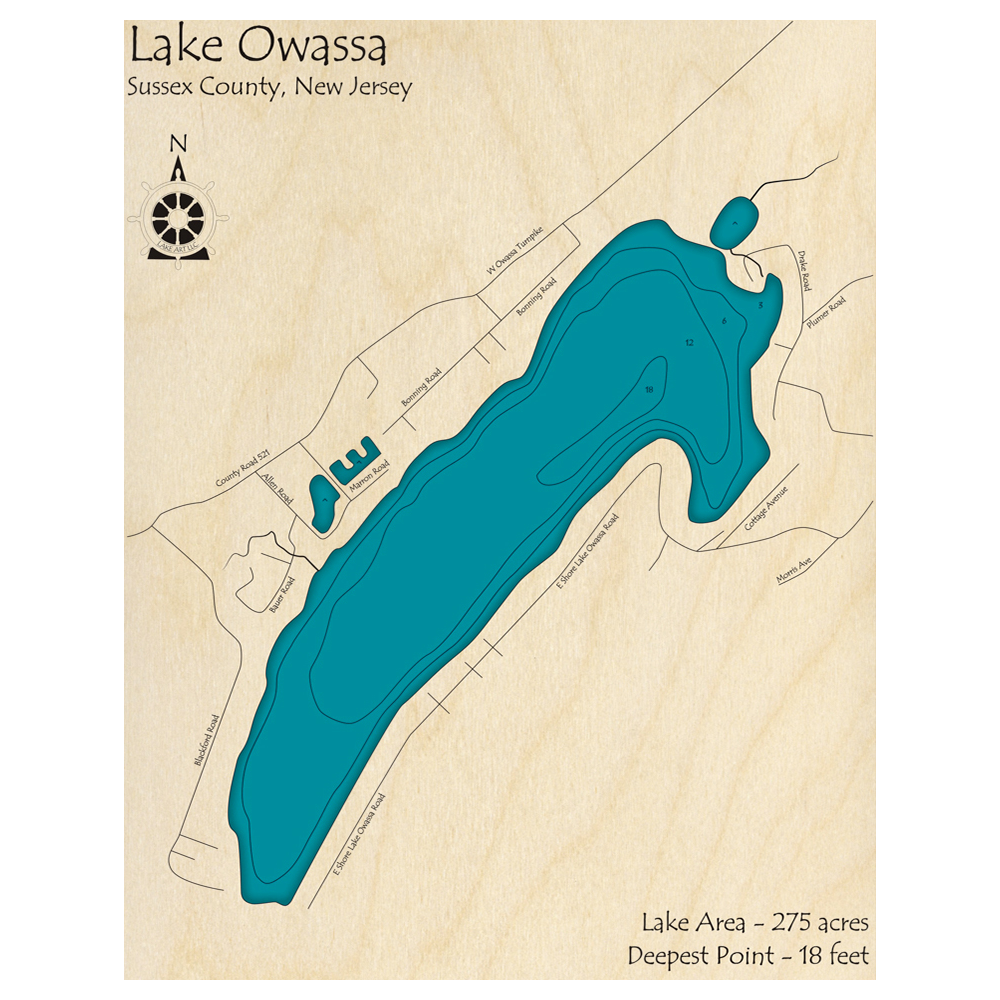 Bathymetric topo map of Lake Owassa, NJ with roads, towns and depths noted in blue water.