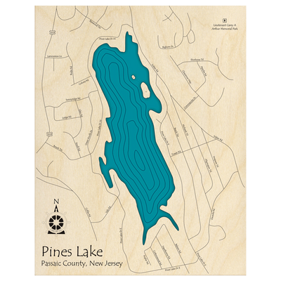 Bathymetric topo map of Pines Lake, NJ with roads, towns and depths noted in blue water.