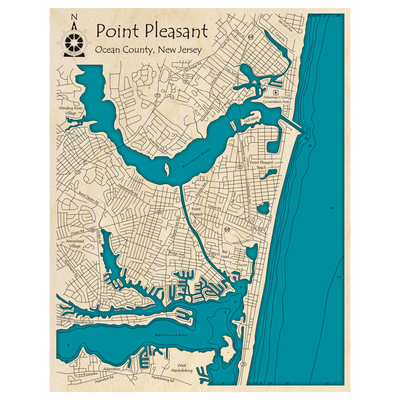 Bathymetric topo map of Point Pleasant, NJ with roads, towns and depths noted in blue water.
