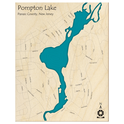 Bathymetric topo map of Pompton Lake, NJ with roads, towns and depths noted in blue water.