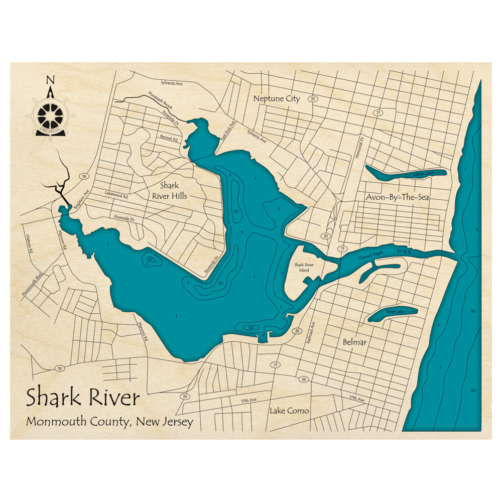Bathymetric topo map of Shark River, NJ with roads, towns and depths noted in blue water.