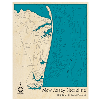 Bathymetric topo map of New Jersey Shore, NJ with roads, towns and depths noted in blue water.