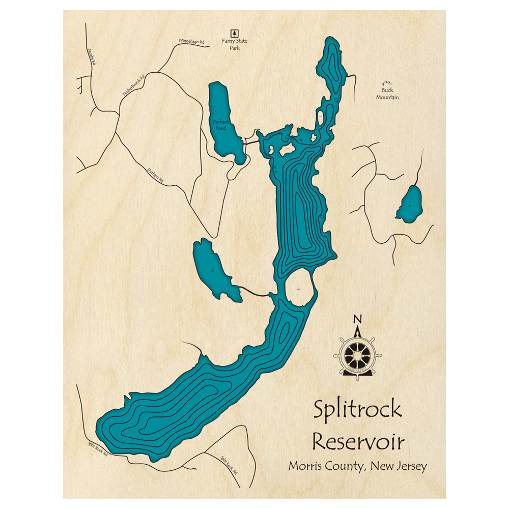Bathymetric topo map of Splitrock Reservoir, NJ with roads, towns and depths noted in blue water.