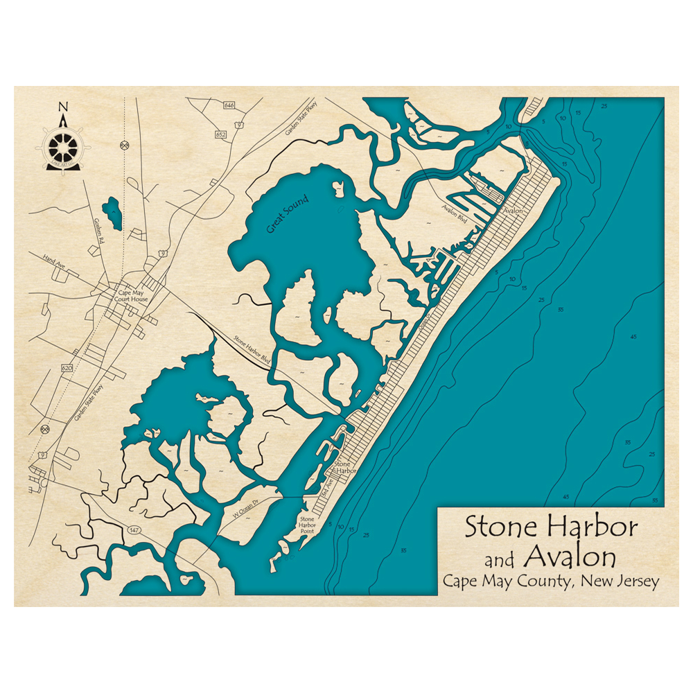 Bathymetric topo map of Stone Harbor and Avalon, NJ with roads, towns and depths noted in blue water.