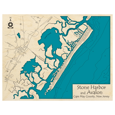 Bathymetric topo map of Stone Harbor and Avalon, NJ with roads, towns and depths noted in blue water.