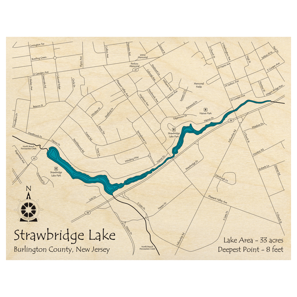 Bathymetric topo map of Strawbridge Lake, NJ with roads, towns and depths noted in blue water.
