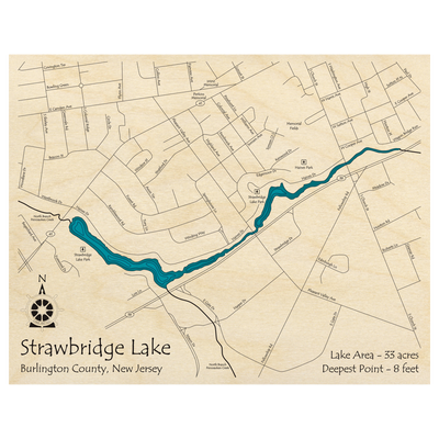 Bathymetric topo map of Strawbridge Lake, NJ with roads, towns and depths noted in blue water.