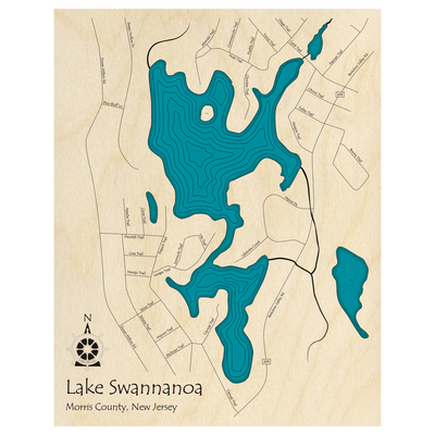 Bathymetric topo map of Lake Swannanoa, NJ with roads, towns and depths noted in blue water.