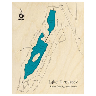 Bathymetric topo map of Lake Tamarack and Summit Lake, NJ with roads, towns and depths noted in blue water.