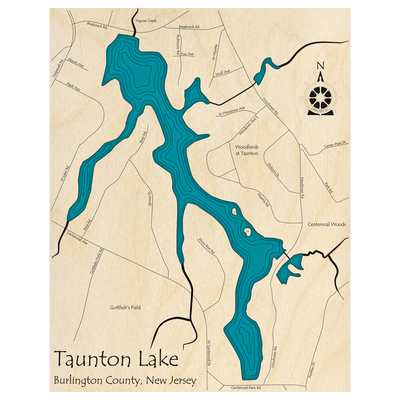 Bathymetric topo map of Taunton Lake, NJ with roads, towns and depths noted in blue water.