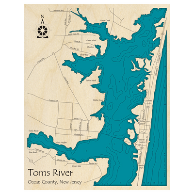 Bathymetric topo map of Toms River Region, NJ with roads, towns and depths noted in blue water.