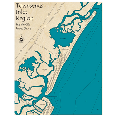 Bathymetric topo map of Townsends Inlet Region - Sea Isle City, NJ with roads, towns and depths noted in blue water.