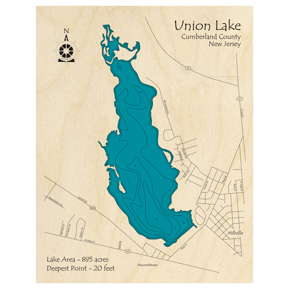 Bathymetric topo map of Union Lake, NJ with roads, towns and depths noted in blue water.