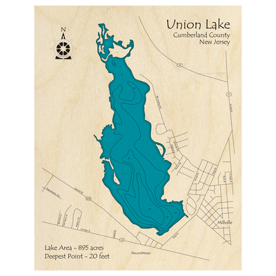 Bathymetric topo map of Union Lake, NJ with roads, towns and depths noted in blue water.