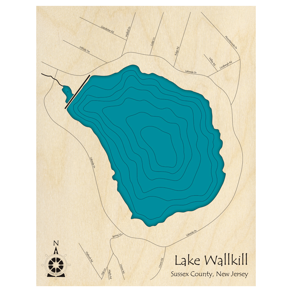Bathymetric topo map of Wallkill Lake, NJ with roads, towns and depths noted in blue water.