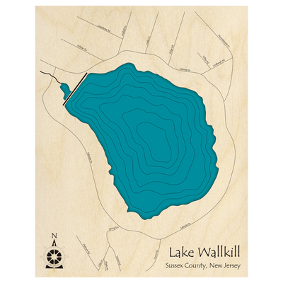 Bathymetric topo map of Wallkill Lake, NJ with roads, towns and depths noted in blue water.