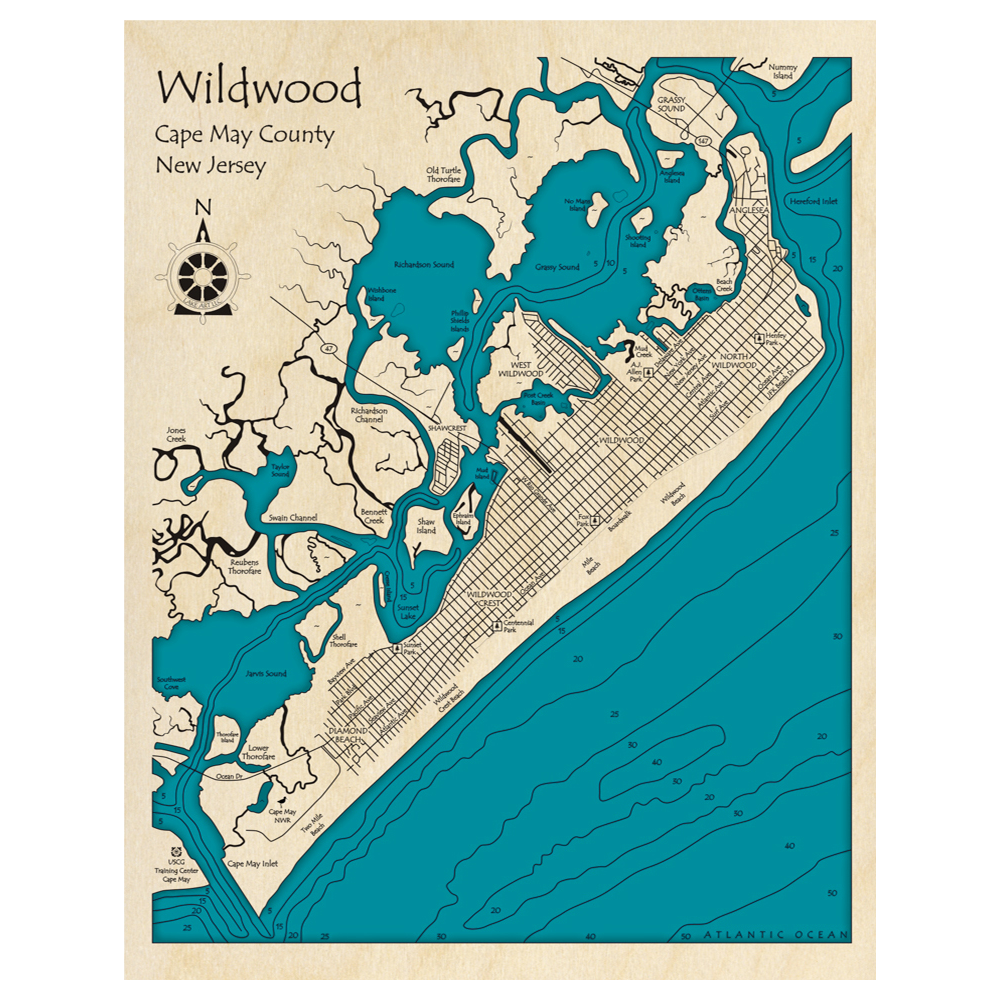 Bathymetric topo map of Wildwood, NJ with roads, towns and depths noted in blue water.