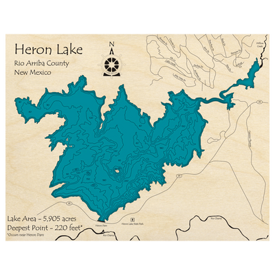 Bathymetric topo map of Heron Lake, NM with roads, towns and depths noted in blue water.