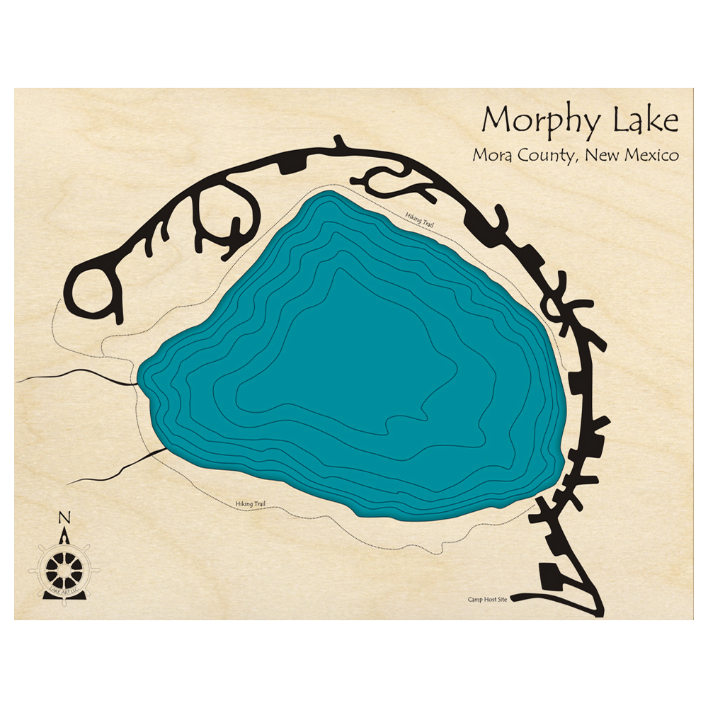 Bathymetric topo map of Morphy Lake, NM with roads, towns and depths noted in blue water.