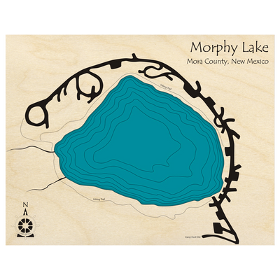 Bathymetric topo map of Morphy Lake, NM with roads, towns and depths noted in blue water.