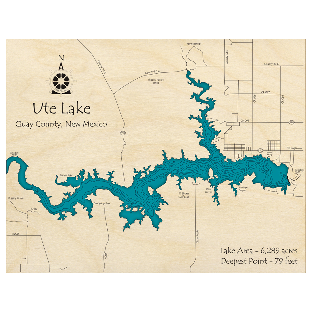 Bathymetric topo map of Ute Lake, NM with roads, towns and depths noted in blue water.