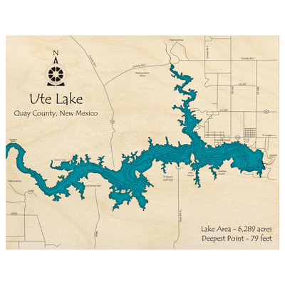 Bathymetric topo map of Ute Lake, NM with roads, towns and depths noted in blue water.