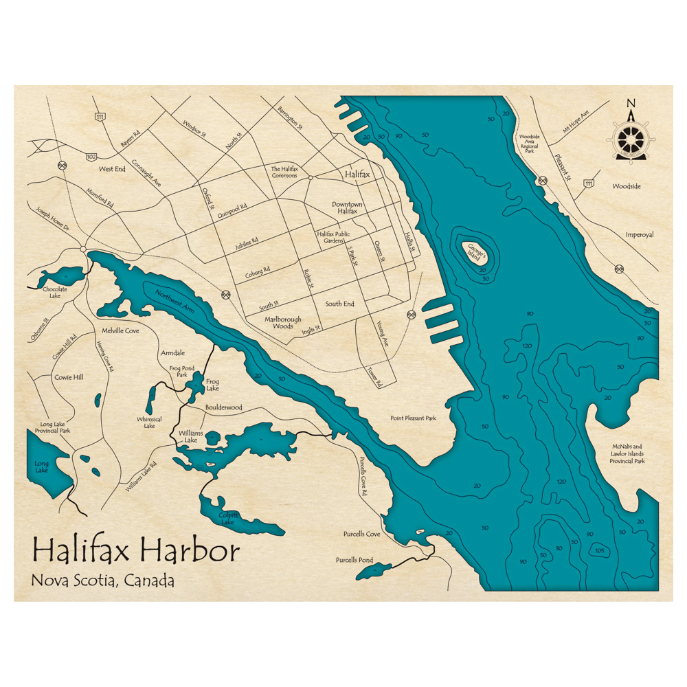 Bathymetric topo map of Halifax Harbor, NS with roads, towns and depths noted in blue water.