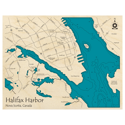 Bathymetric topo map of Halifax Harbor, NS with roads, towns and depths noted in blue water.