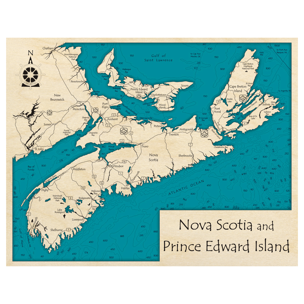 Bathymetric topo map of Nova Scotia and Prince Edward Island, NS with roads, towns and depths noted in blue water.