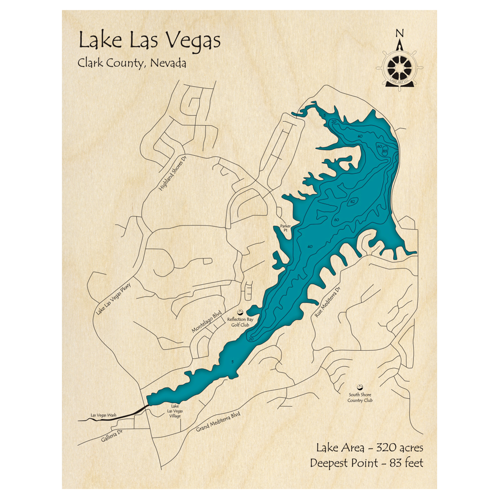 Bathymetric topo map of Lake Las Vegas, NV with roads, towns and depths noted in blue water.