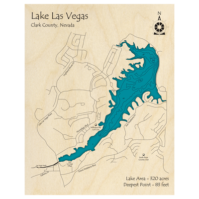 Bathymetric topo map of Lake Las Vegas, NV with roads, towns and depths noted in blue water.