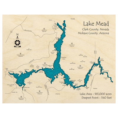 Bathymetric topo map of Lake Mead (AZ, NV) with roads, towns and depths noted in blue water.