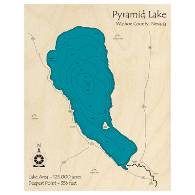 Bathymetric topo map of Pyramid Lake, NV with roads, towns and depths noted in blue water.