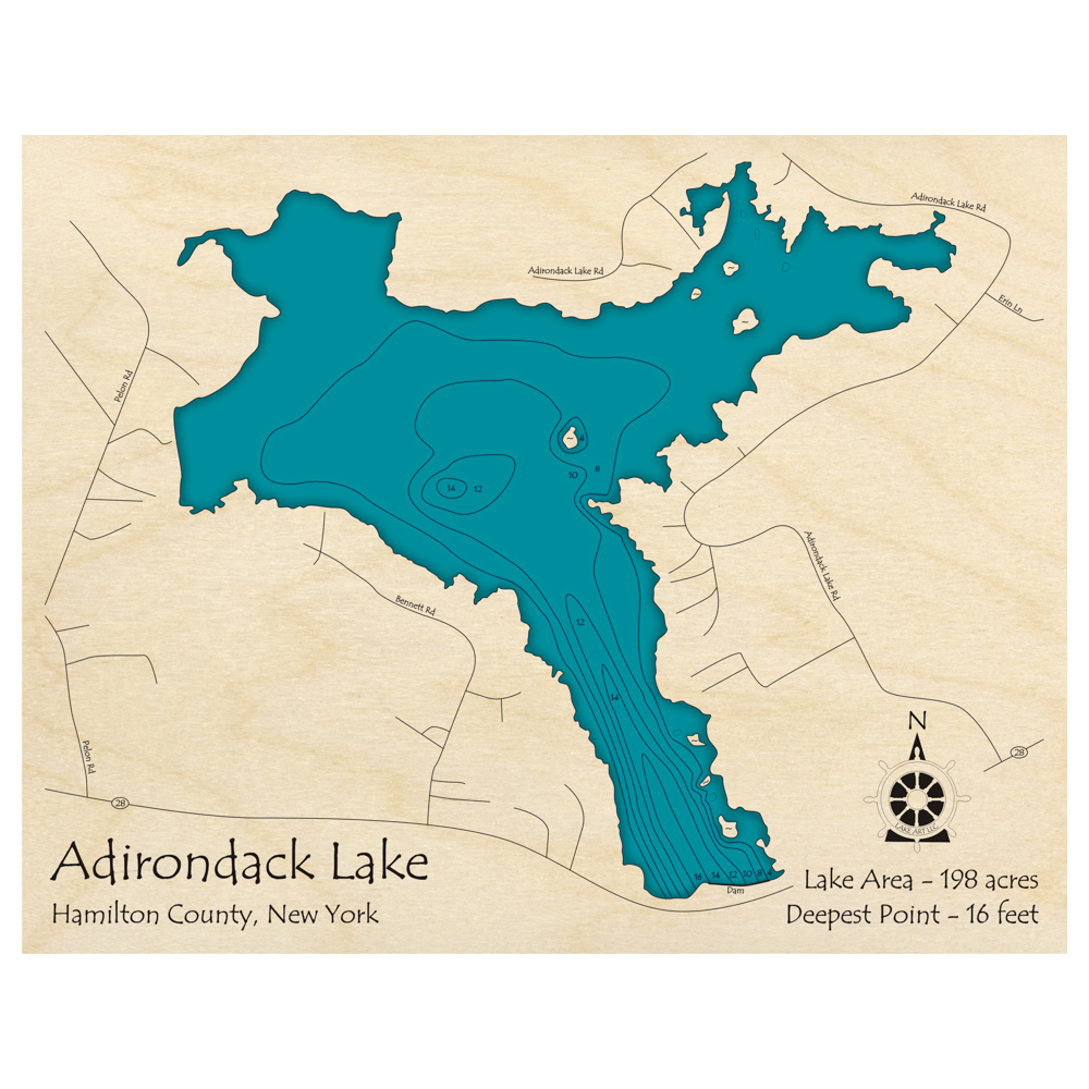 Bathymetric topo map of Adirondack Lake, NY with roads, towns and depths noted in blue water.